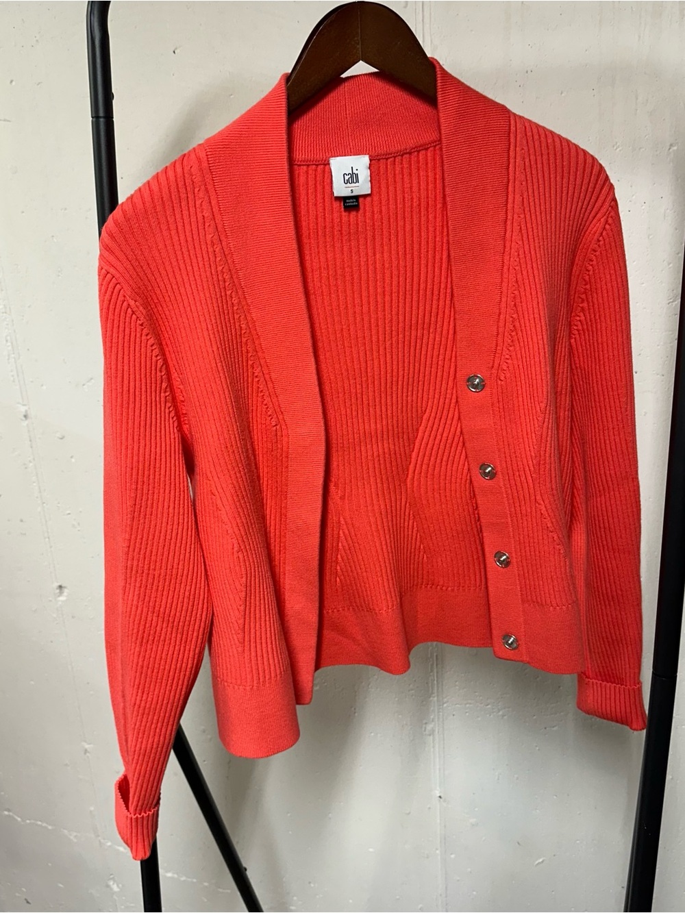 CAbi Coral-Red Ribbed Shawl Collar Cardigan 🛵